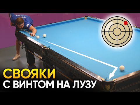 Свояки в угол с винтом на лузу в русском бильярде. Простым языком