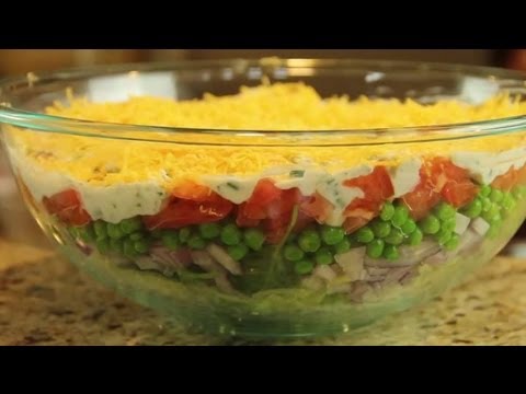 A Layered Salad With Creamy Dressing & Cheese Which Has No Sugar : Recipes for Diabetics