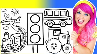 Coloring Vehicles Tractor Airplane Train School Buses Traffic Light Coloring Pages Markers