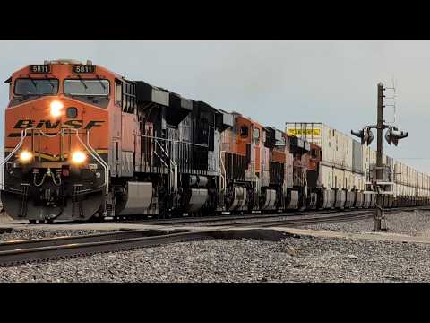 6-Engine Freight Train Takes off After 3 Other Trains Pass!
