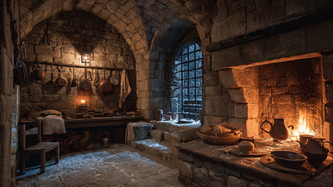 A Snowy Night in the Castle Kitchen — Victorian Hearth, Distant Snow & Cozy Cooking Sounds 🥧❄️