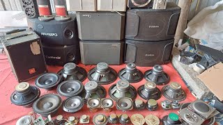 California speaker cabinets, cassette deck, Soundmax subwoofer, 30cm, 25cm, and 20cm bass drivers...