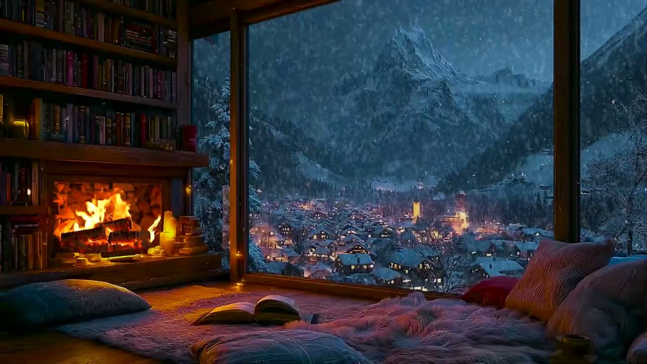 Serene Winter Cabin Snowfall with Gentle Fire Crackles for Deep Sleep, Study Sessions & Relaxation