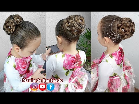 Hairstyle for Girls / Bun with Hair Flowers for Party