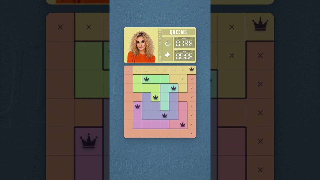 LinkedIn Queens #198 solved board for November 14, 2024, 8x8 grid