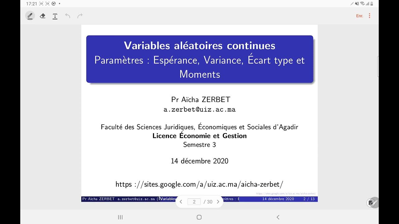 Variables aléatoires continues "paramètres,Espérance,variance,Écart type et moment" S3 Pr