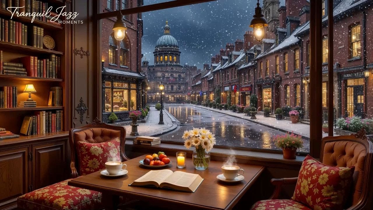Cozy Winter Cafe Space to Reduce Stress ❄️ Gentle Jazz Piano Music and the Warm Sound of a Fireplace