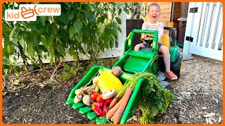 Harvesting vegetables from the garden with kids tractor. Educational how greenhouses work | Kid Crew