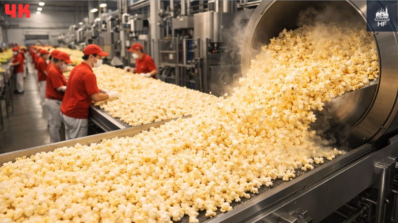 Popcorn Packing Process Inside an Industrial Popcorn Factory Line: Popping, Seasoning ...