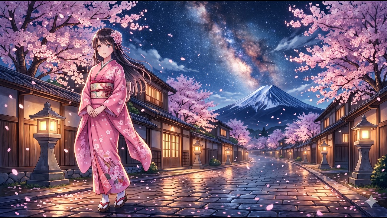 She walks alone under the milky way while sakura petals fall