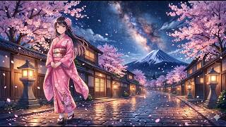 She walks alone under the milky way while sakura petals fall