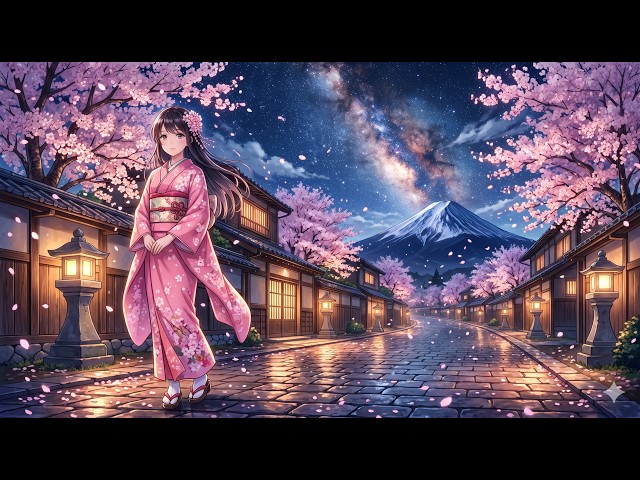 She walks alone under the milky way while sakura petals fall