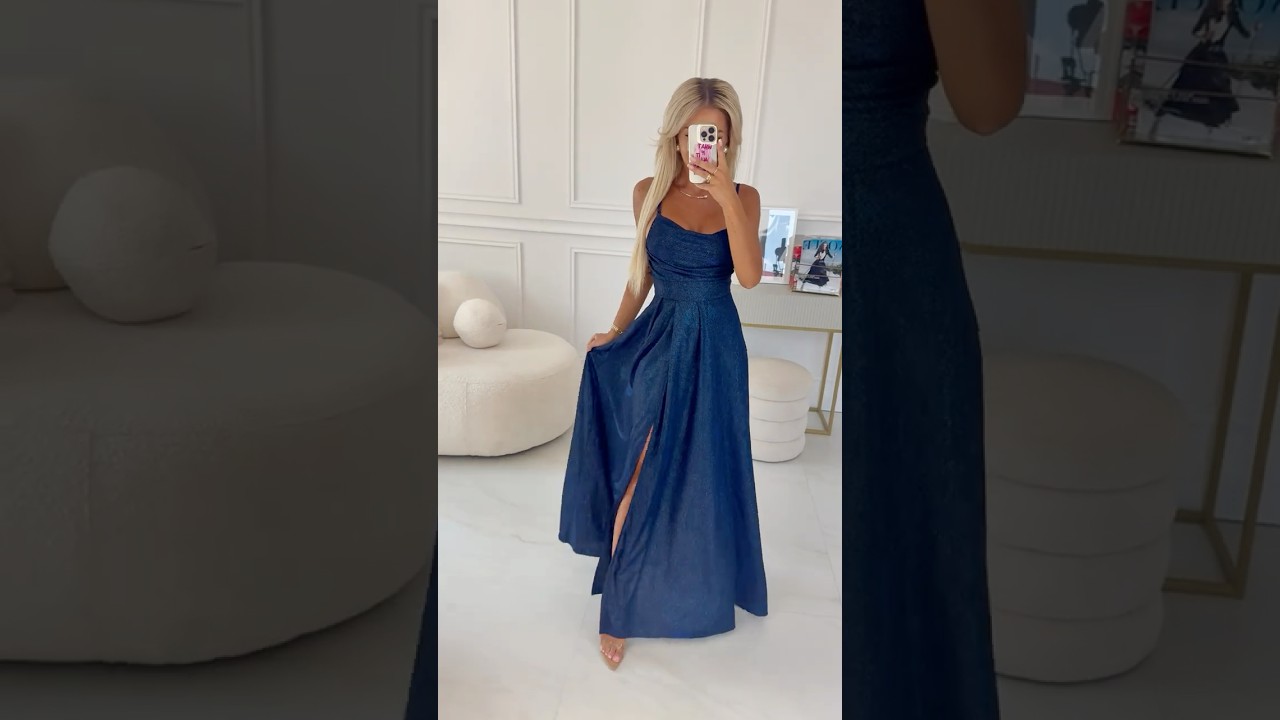 ✨ Elegant Navy Blue Evening Dress with Slit | Numoco.com ✨589-2 ✨  