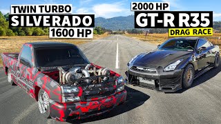 1600hp Twin Turbo Silverado vs 2000hp Carbon Fiber Nissan GTR R35 // THIS vs THAT