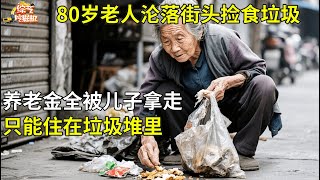 80岁老人沦落街头捡食垃圾,养老金全被儿子拿走,只能住在垃圾堆里,记者看到这一幕都震惊了【真情故事】