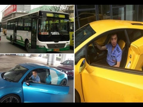 Public bus driver jumping into Lamborghini as he finishes ...