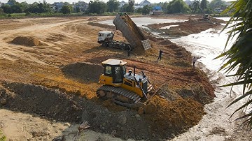 Peaceful country is Developed Big Project !! Operator Bulldozer Pushing Soil Land Filling Up in Mud