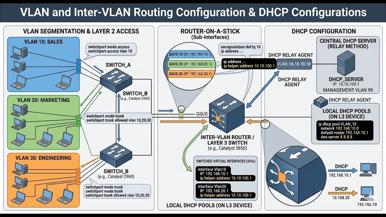 VLAN and Inter-VLAN Routing Configuration & DHCP Configurations - YouTube
