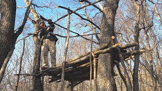 Building Treehouse Shelter, Winter Bushcraft Cooking - Day 1