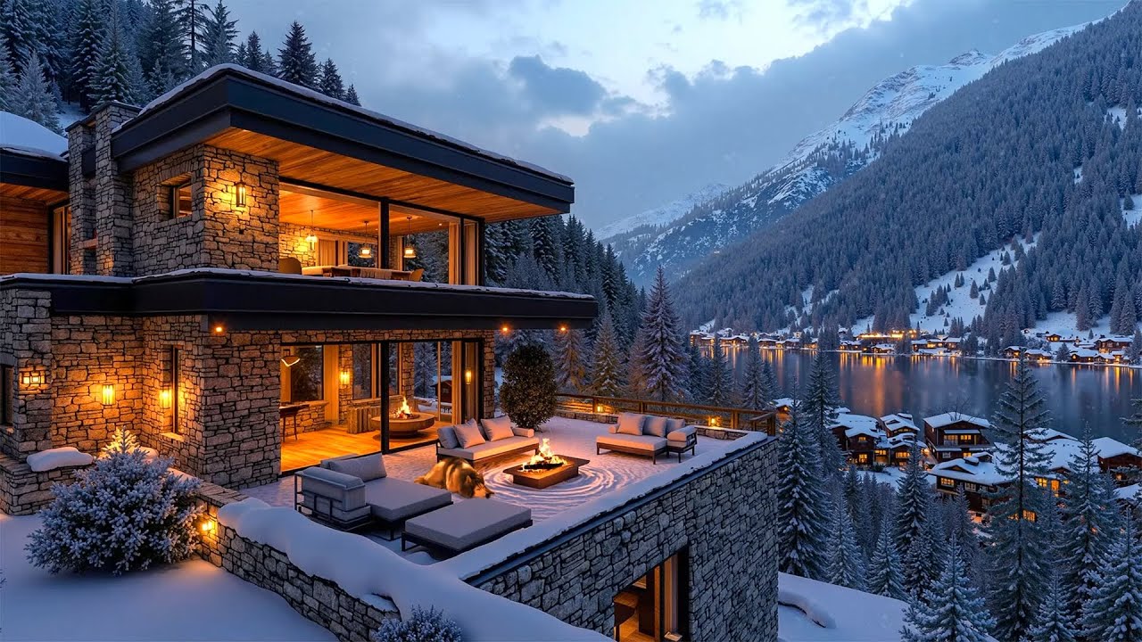 Relaxing Jazz & Winter Terrace Serenity | A Warm Fireplace Ambience for ...