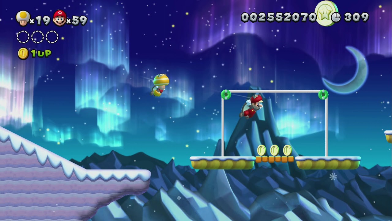뉴 슈퍼마리오 브라더스 u 디럭스 #4 프로즌 대지-4 저울리프트로 설산 오르기 스타코인 2인 플레이