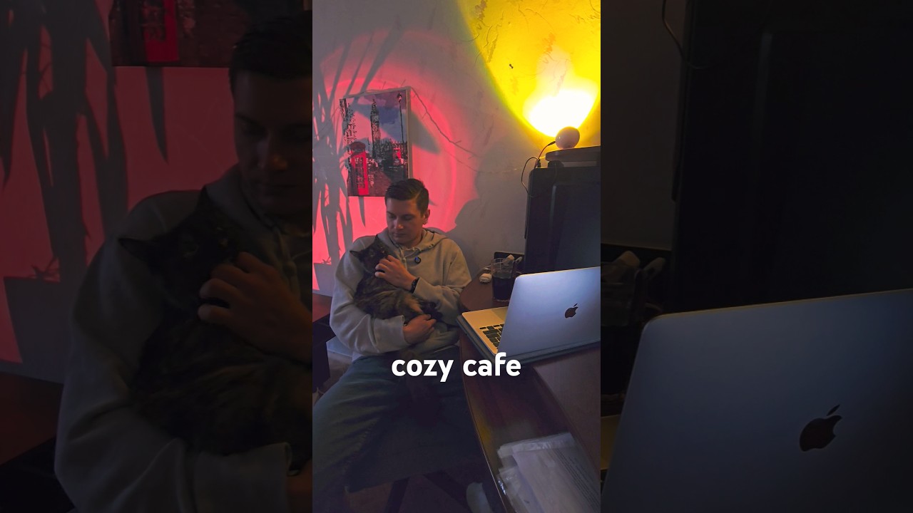 Title:"Cozy Cafe with Cat Life's simple pleasures: warm coffee, a purring companion.