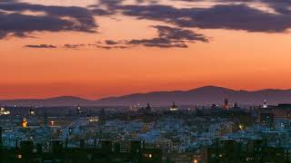 day to night transition timelapse view of madrid spain photo taken from the hills of tio pio park va