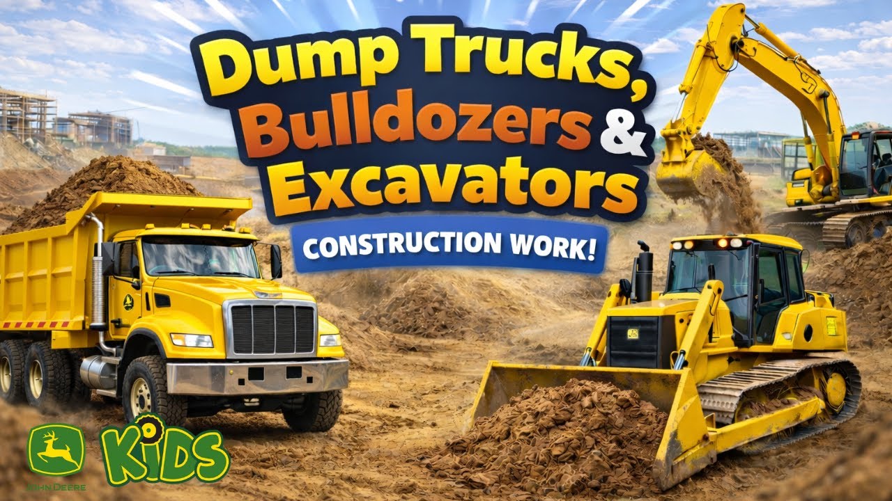 Dump Trucks, Bulldozers & Excavators On The Job! John Deere Kids