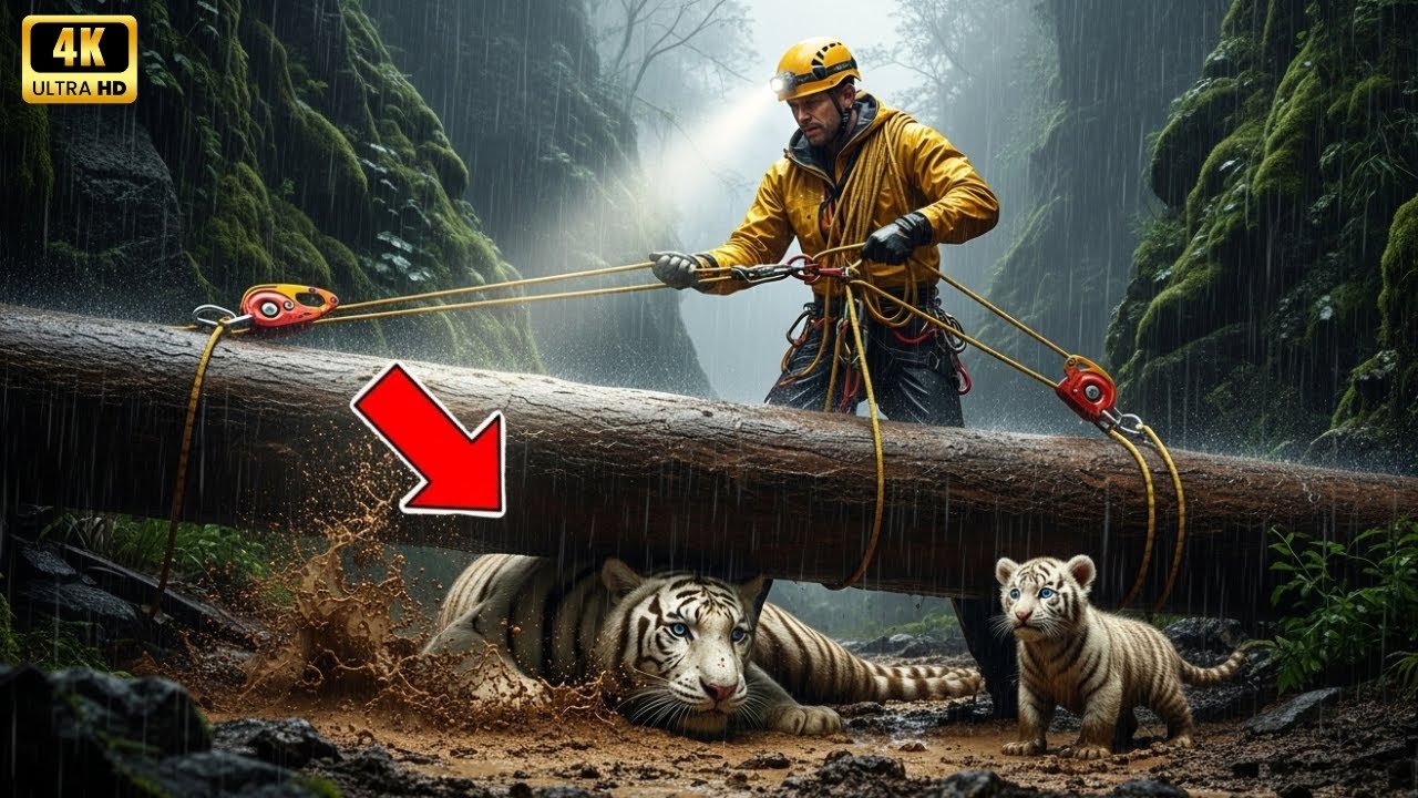 Animal Rescue : Rescue Team Save a Trapped White Tiger and Her Cub From Flooded Forest Ravine!