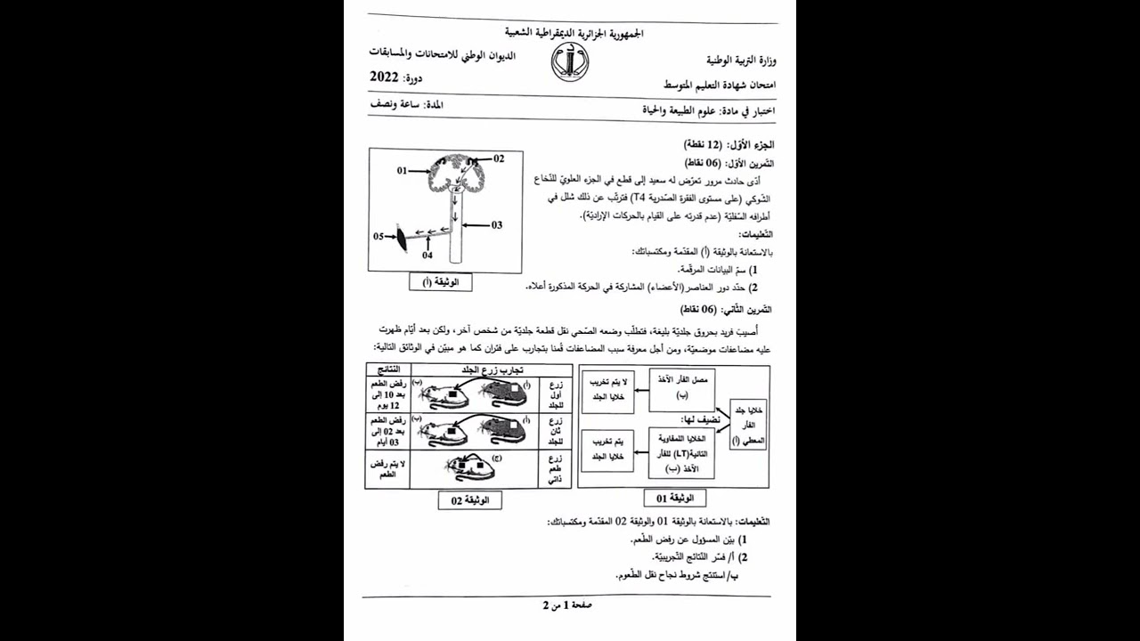 تصحيح شهادة التعليم المتوسط في مادة العلوم الطبيعية والحياة للسنة الرابعة متوسط