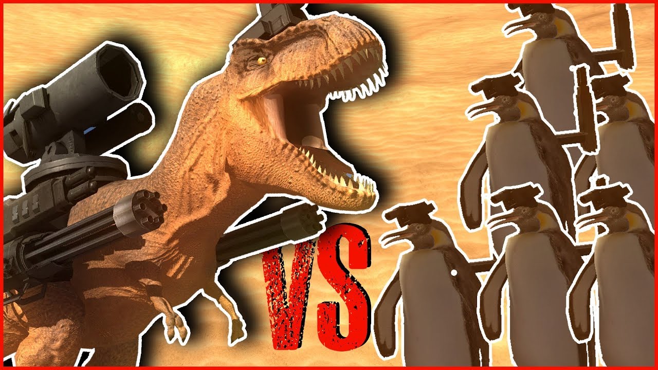 BEAST BATTLE SIMULATOR - TREX WITH MINI-GUNS VS A PENGUIN ARMY | HOW MANY PENGUINS DOES IT TAKE?!?!