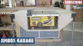 In this video, Jimbo builds a table for his table saw that can attach to his work bench. This is a perfect setup for this garage because it 