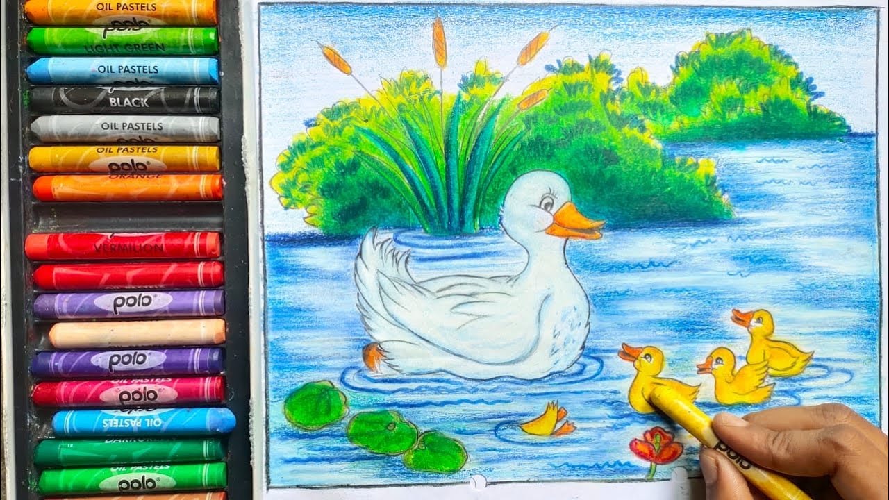 How to draw scenery of mother duck and little ducklings swimming in the pond easy oilpastels drawing