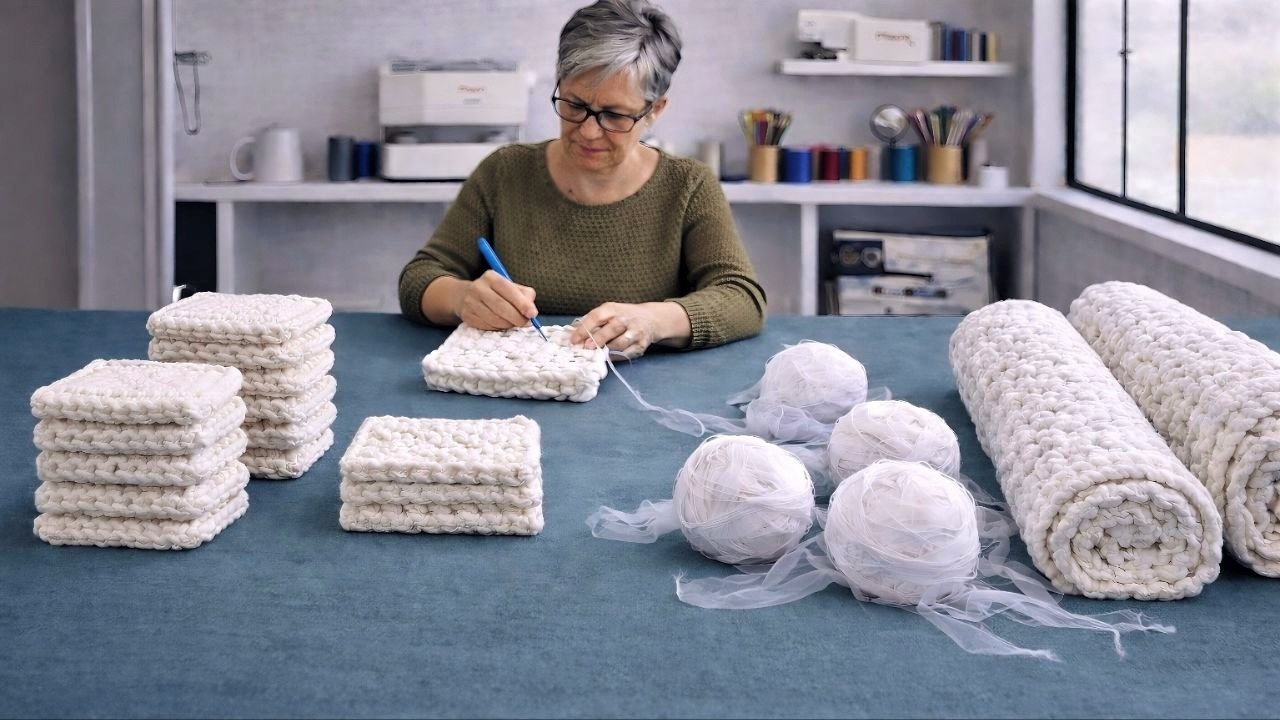 Не выбрасывайте  старый тюль🧷Взяла обычную булавку и сплела коврик.