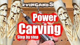 Power carving a man’s face into a dowel with Kutzall-Dremel-Foredom