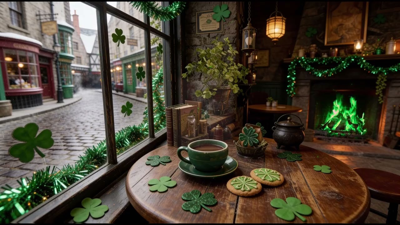 Cozy St. Patrick's Day in Diagon Alley Ambience ☘️ Harry Potter Celtic Music, Rain & Fireplace