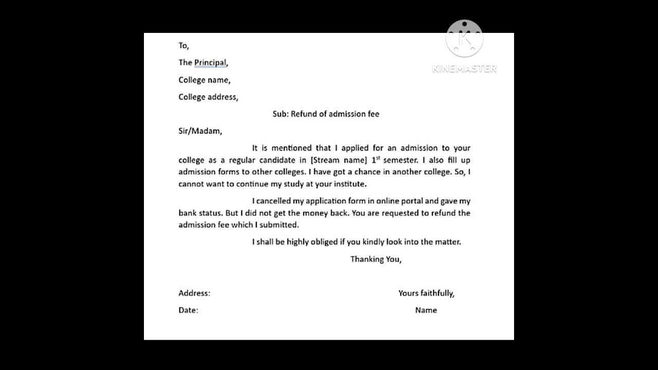 An application to refund money from college