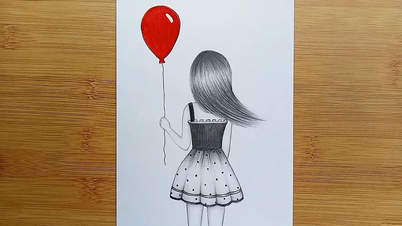 How to draw A Girl With Balloon easy sketch for beginners ...