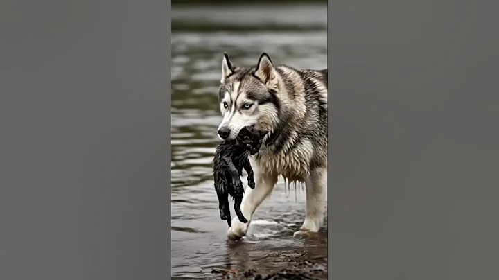 Watch the video about Siberian Husky Saves Black Kitten from River #Shorts #KittenRescue #NoAnimalsHarmed