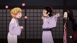 Zenitsu sigue a Tanjiro y Nezuko