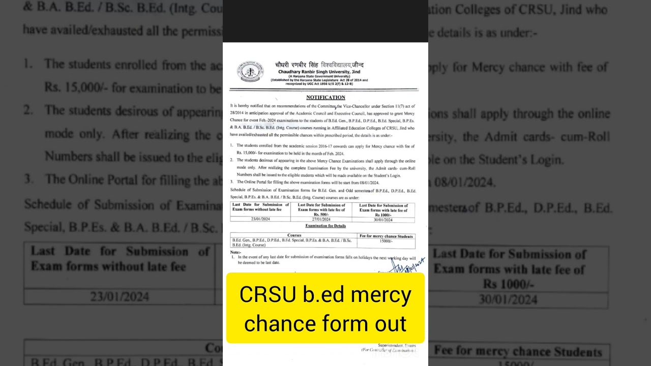 CRSU b.ed mercy chance form out