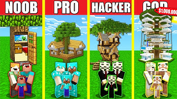 Minecraft Battle: TREE HOUSE BUILD CHALLENGE - NOOB vs PRO vs HACKER vs GOD / Animation BASE WOOD