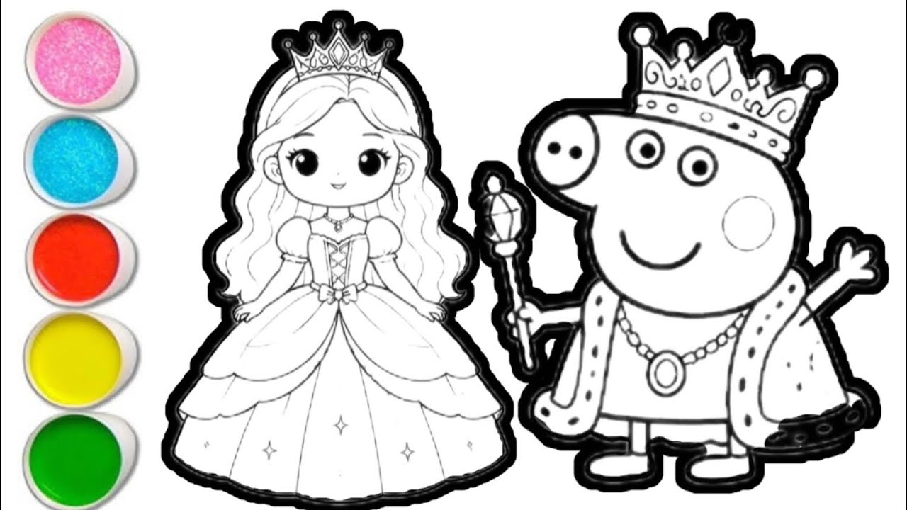Drawing Princess Papi Peppa pig with princess drawing and coloring for kids and toddlers ...