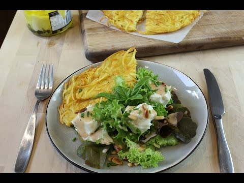 Potato crepes (grated potato cakes) with goat cheese salad, from the video