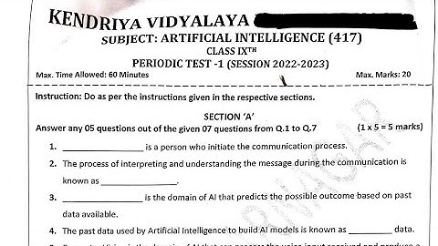 PT-1 Question Paper / Class-9 AI (Artificial Intelligence) Periodic Test Paper Kendriya Vidyalaya