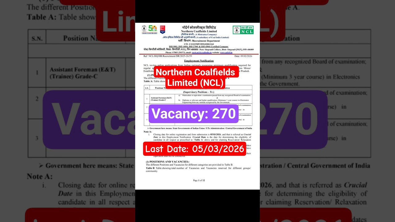 Northern Coalfields (NCL) Recruitment 2026 | Assistant Foreman |