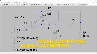 Active op-amp peak detector circuit for audio signal vu-meter