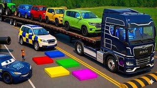 Flatbed Trailer Mcqueen Transportation with Truck | Cars vs Speedbumps vs Train | BeamNG.Drive #79 screenshot 3