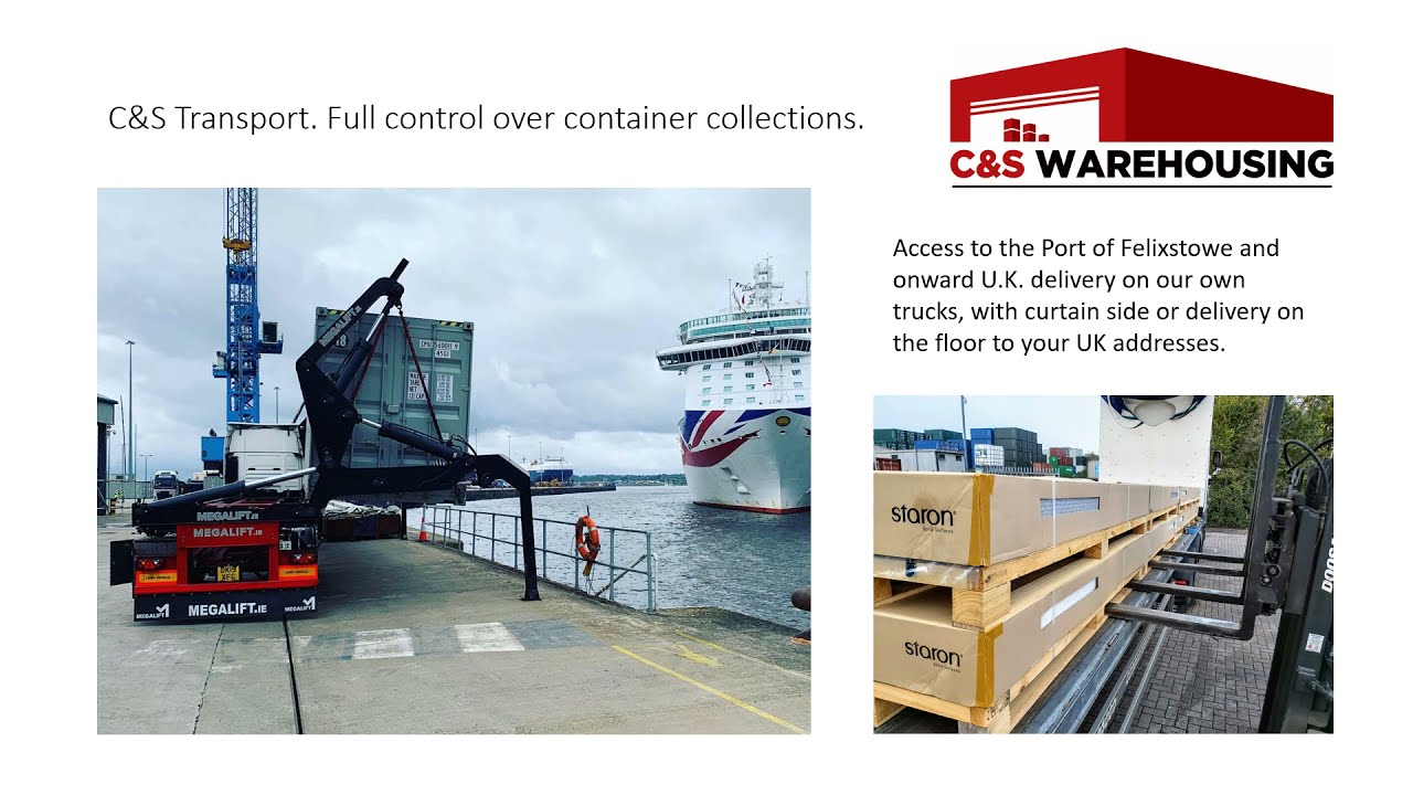 Pallet storage warehouse Felixstowe UK. Container & curtain side trailers with container lift.