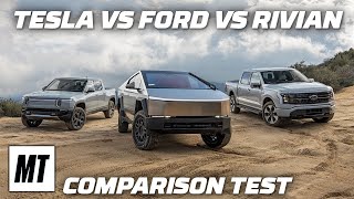 Tesla Cybertruck vs Ford F150 Lightning vs Rivian R1T | Comparison Test by MotorTrend Channel 77,255 views 4 weeks ago 12 minutes, 47 seconds
